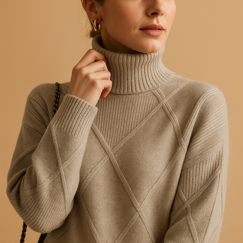 Women’s knitted turtleneck sweater with a modern silhouette, breathable fabric, and elegant fit. Perfect for year-round layering and casual wear.