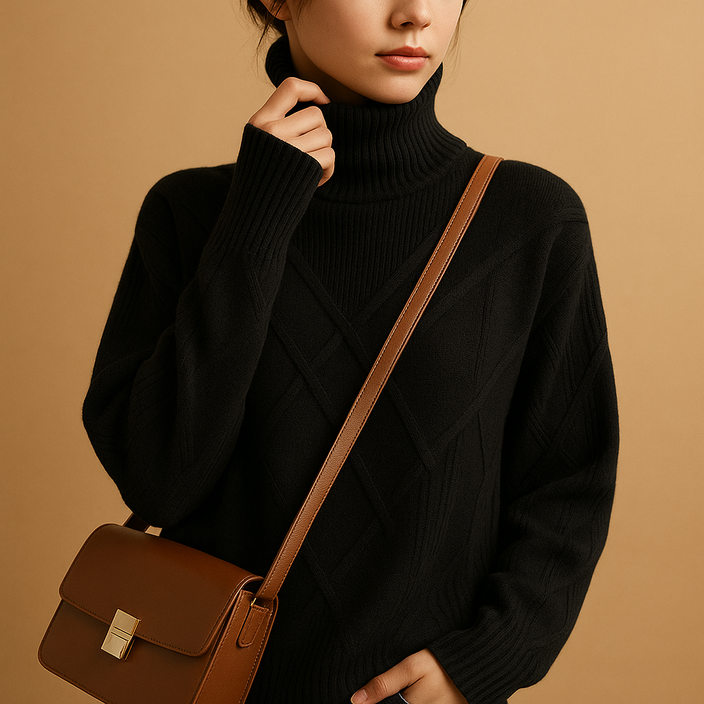 Women’s knitted turtleneck sweater with a modern silhouette, breathable fabric, and elegant fit. Perfect for year-round layering and casual wear.