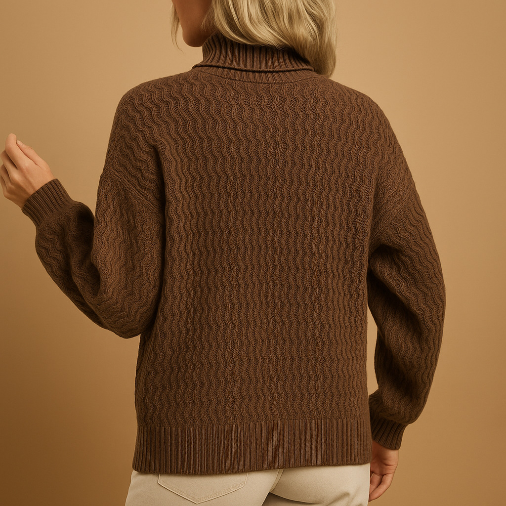 Women’s knitted turtleneck sweater in apricot and coffee, slim fit with a refined silhouette, perfect for office, casual chic, or evening looks.