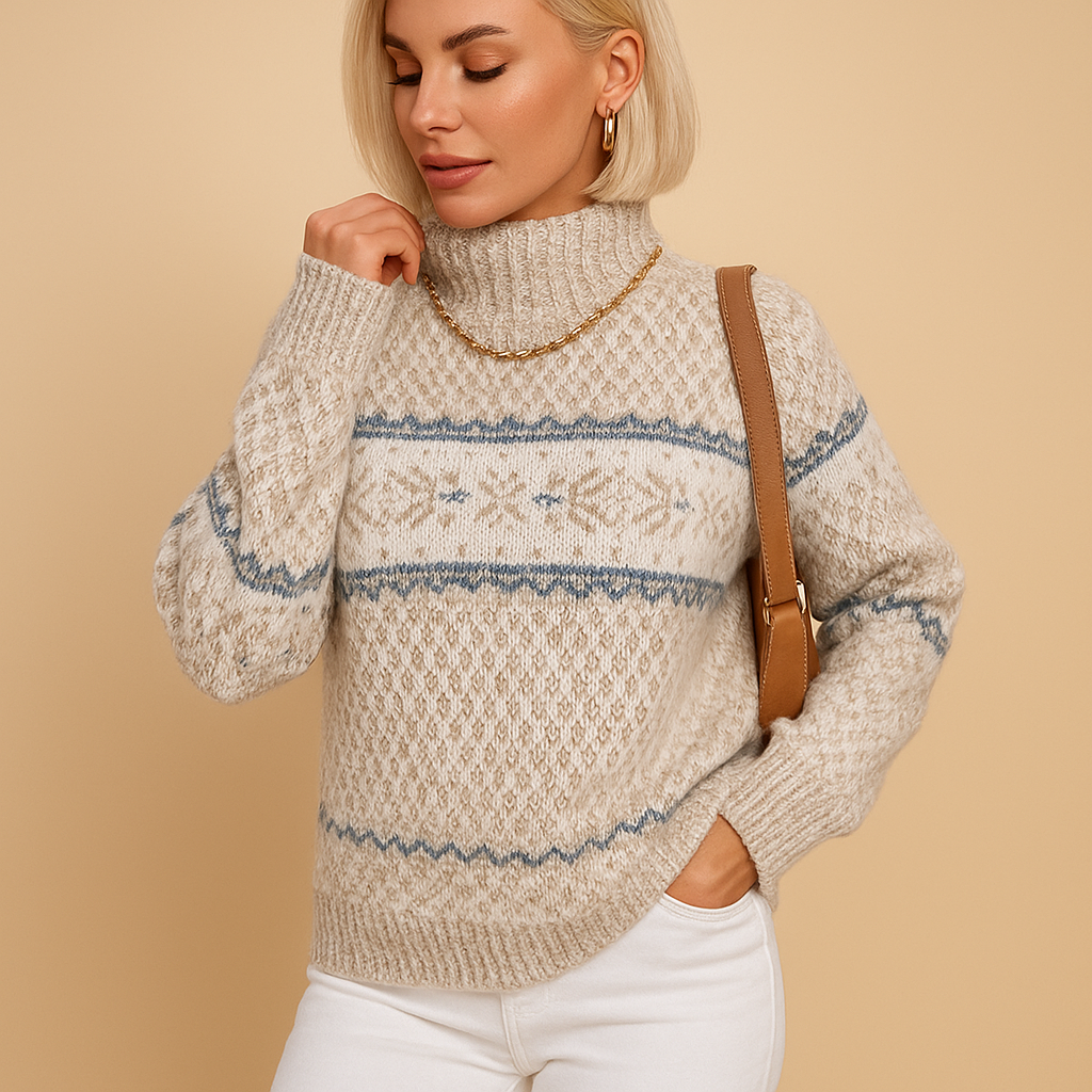 Women’s knitted turtleneck sweater with festive snowflake motif in red, white, and navy, made from a soft warm wool blend for cozy winter wear.