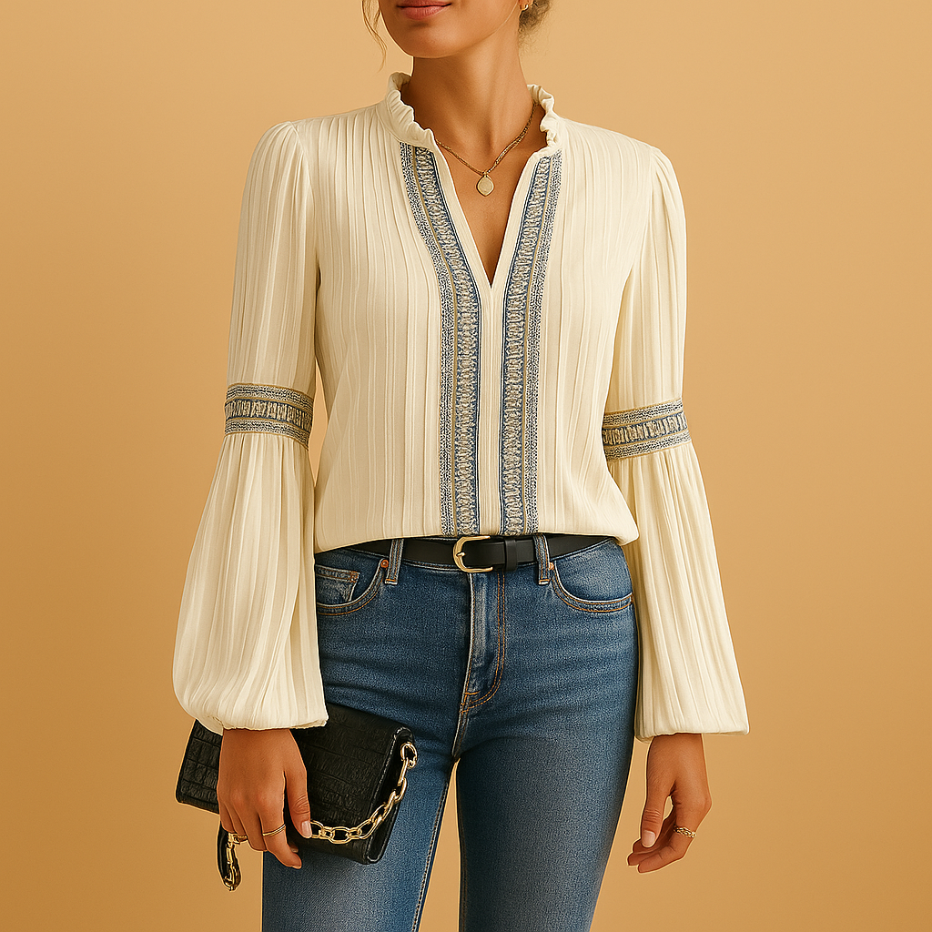Elegant lace patchwork blouse for women with airy lantern sleeves, perfect for work, evening occasions, or stylish casual looks.