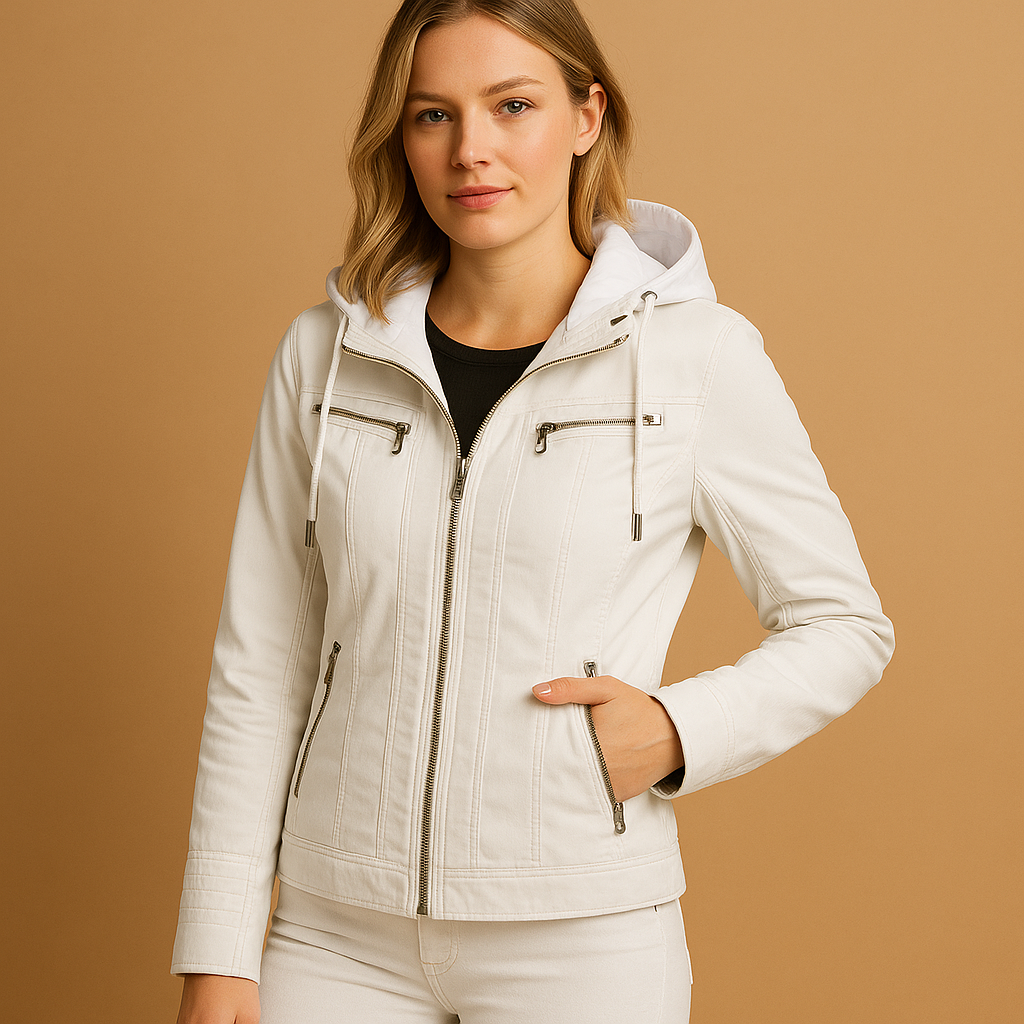 Women’s leather jacket with detachable hood, double zipper, and tailored fit. Stylish PU leather design, ideal for casual and chic outfits.