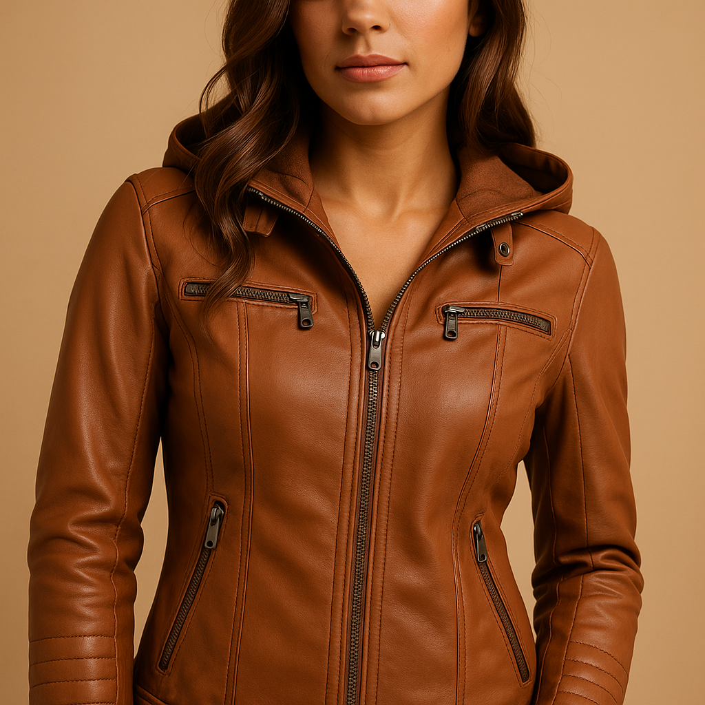 Women’s leather jacket with detachable hood, double zipper, and tailored fit. Stylish PU leather design, ideal for casual and chic outfits.