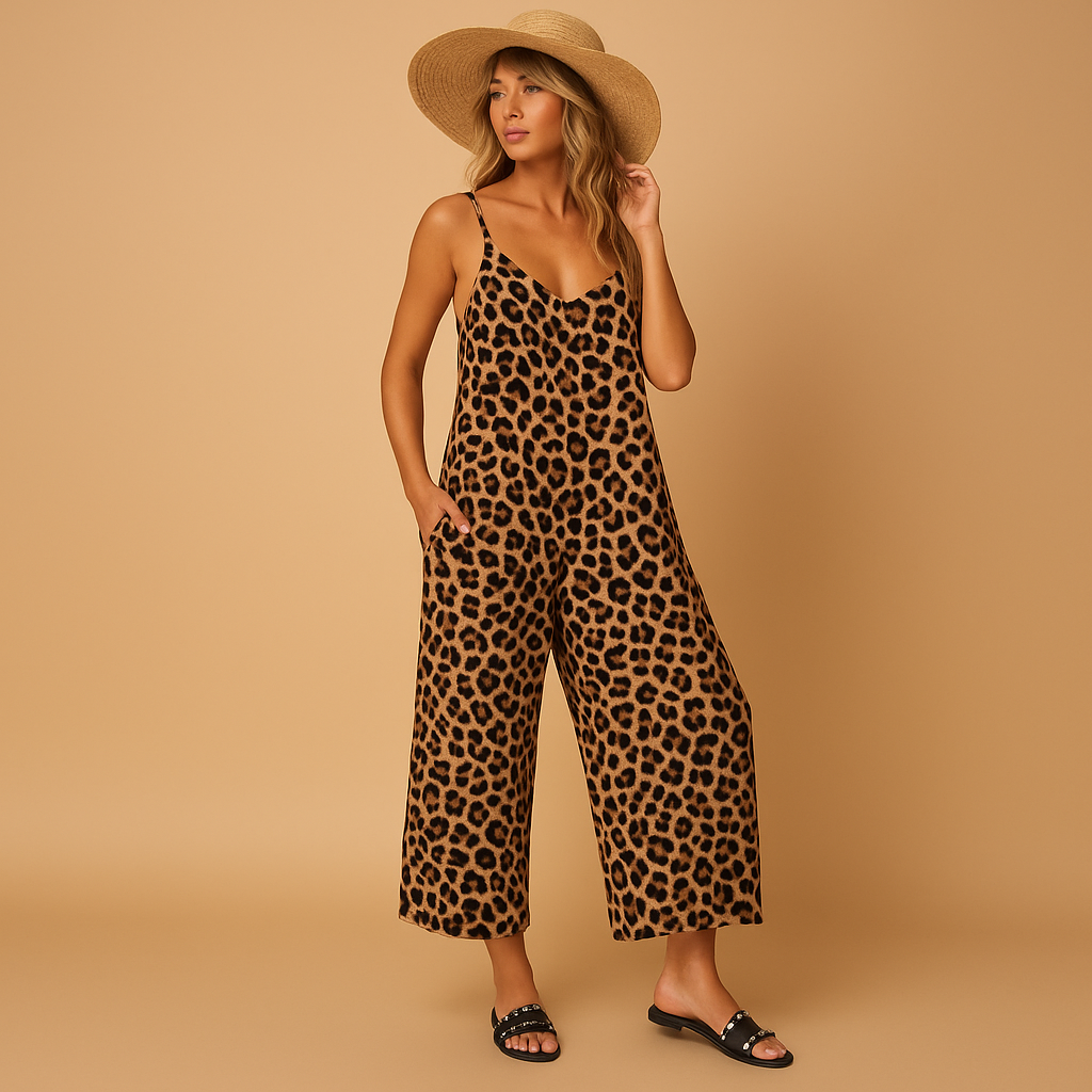 Leopard print halter jumpsuit for women with airy fit and lightweight fabric, perfect for summer vacations and casual outings.