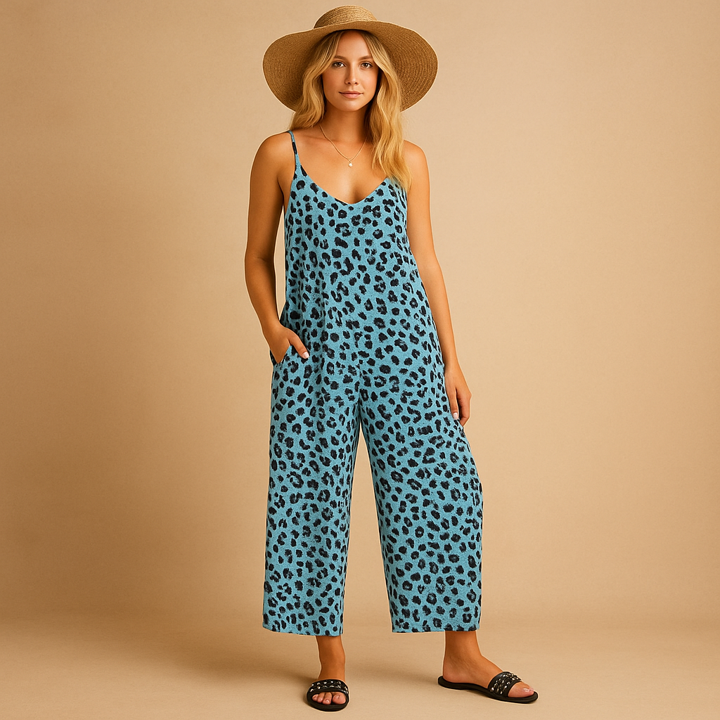 Leopard print halter jumpsuit for women with airy fit and lightweight fabric, perfect for summer vacations and casual outings.