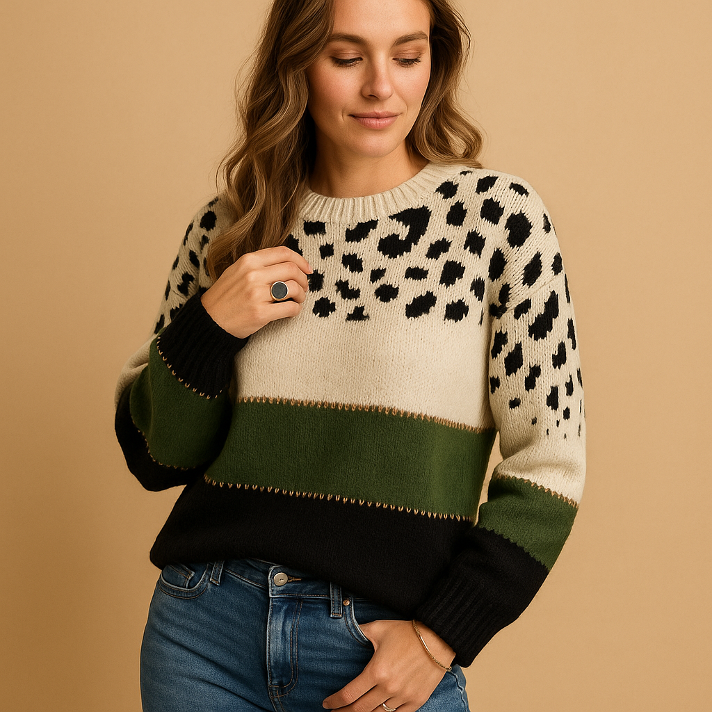 Women’s leopard print sweater in beige with black pattern, relaxed fit and breathable cotton. Perfect for casual chic outfits in every season.