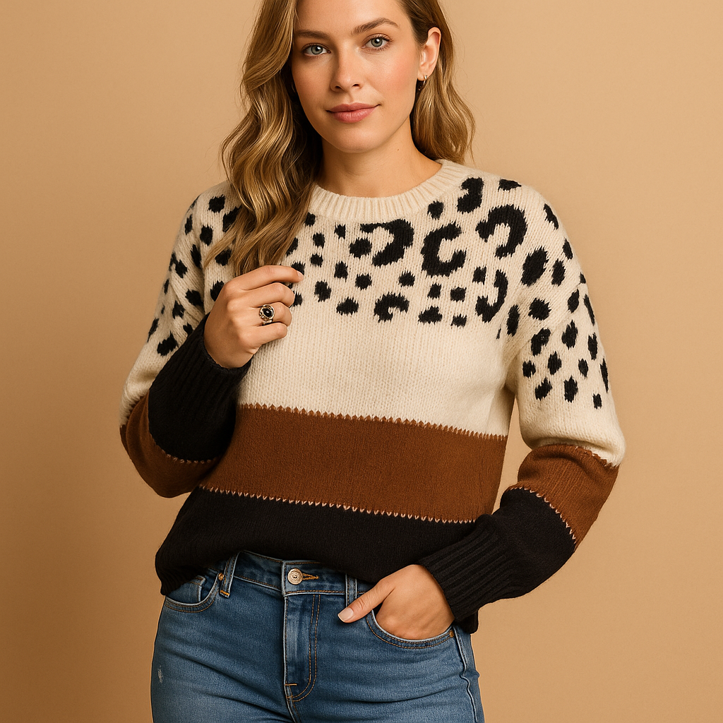 Women’s leopard print sweater in beige with black pattern, relaxed fit and breathable cotton. Perfect for casual chic outfits in every season.