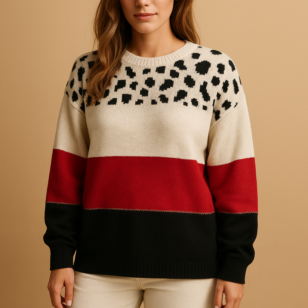 Women’s leopard print sweater in beige with black pattern, relaxed fit and breathable cotton. Perfect for casual chic outfits in every season.