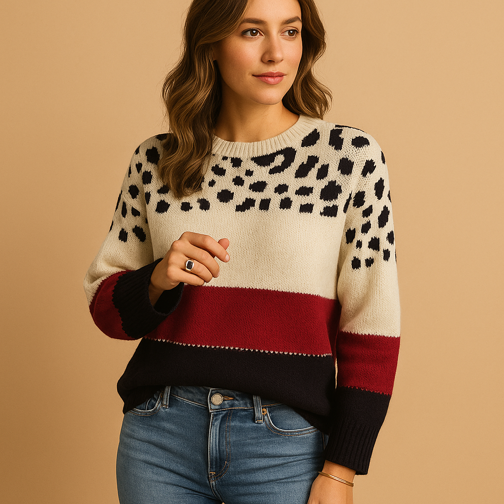 Women’s leopard print sweater in beige with black pattern, relaxed fit and breathable cotton. Perfect for casual chic outfits in every season.