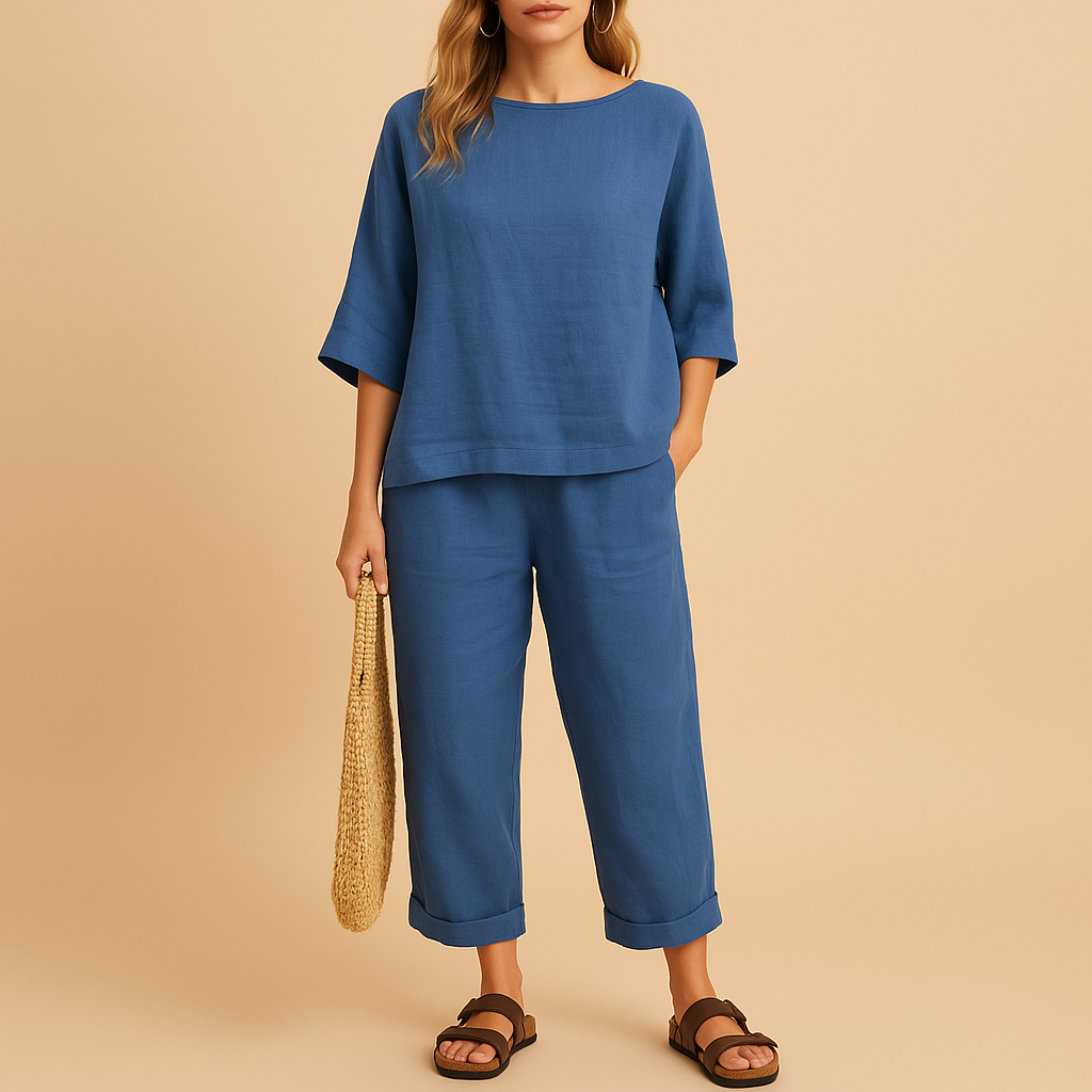 Women’s light two-piece summer set with relaxed shirt and ankle-length pants, perfect for warm days, casual wear, or lounging at home.