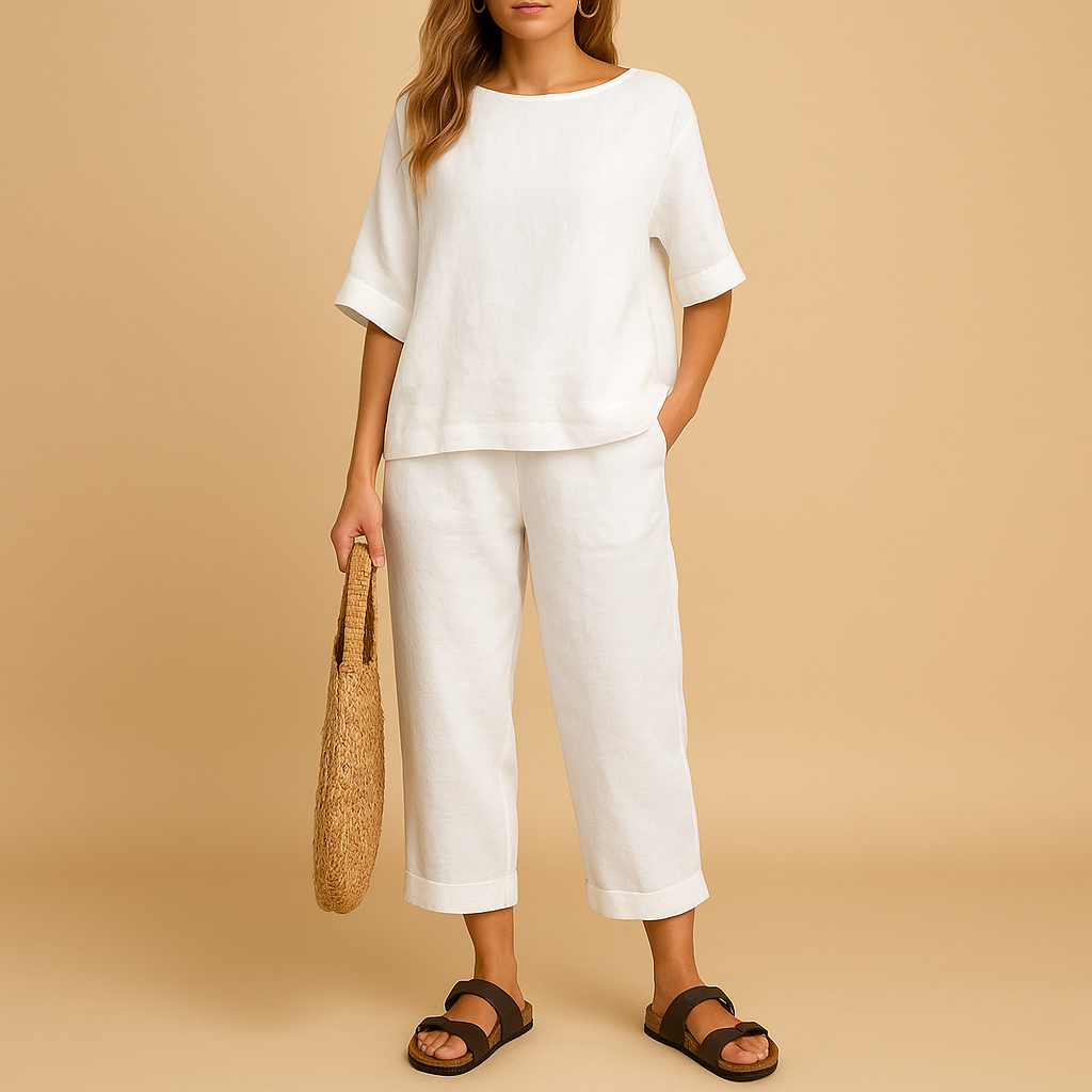 Women’s light two-piece summer set with relaxed shirt and ankle-length pants, perfect for warm days, casual wear, or lounging at home.