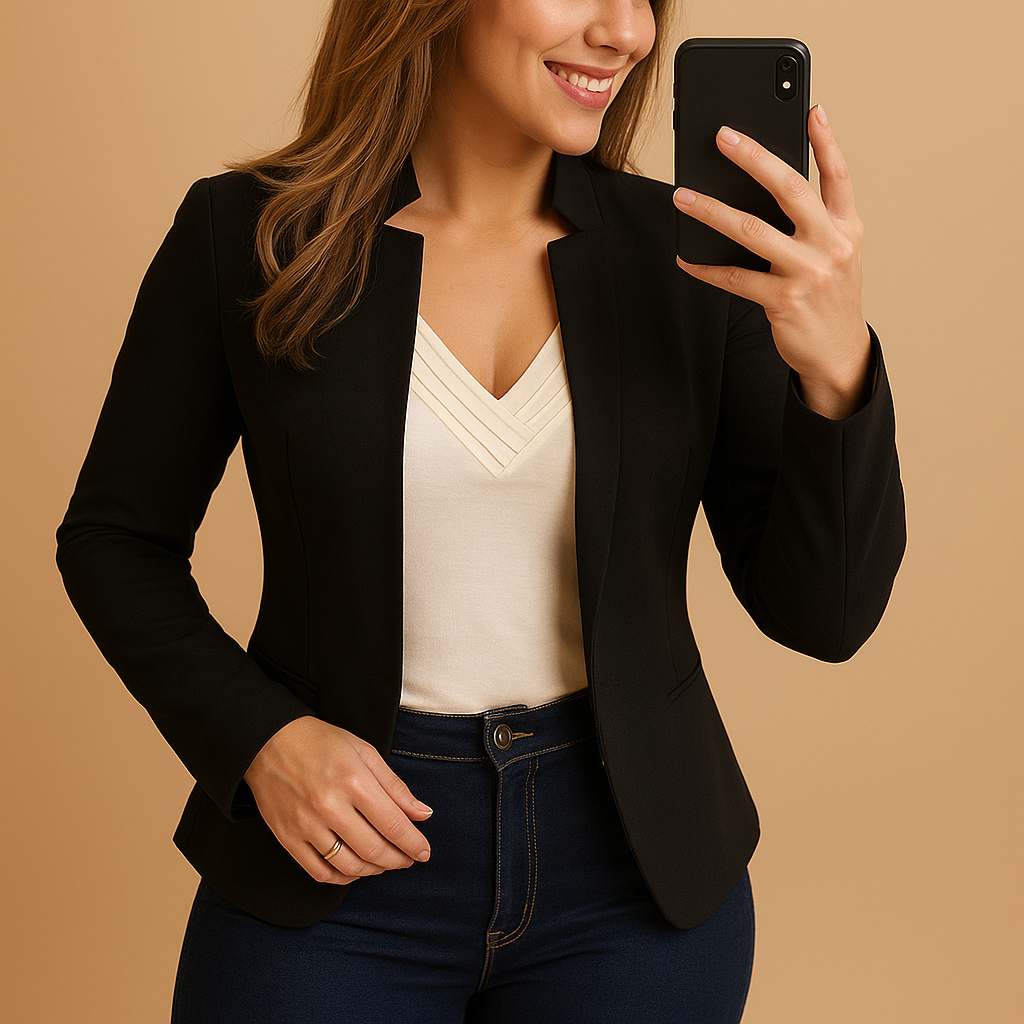 Lightweight women’s blazer with lapel collar in a regular fit and hip length, ideal for spring and summer styling.