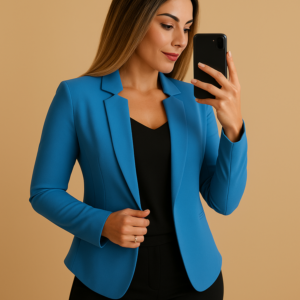 Lightweight women’s blazer with lapel collar in a regular fit and hip length, ideal for spring and summer styling.