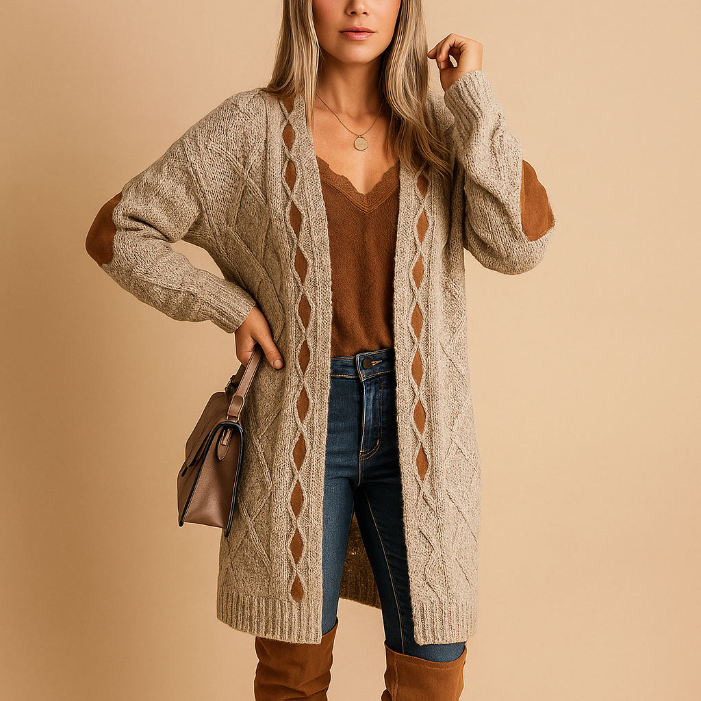 Women’s lightweight knitted cardigan with hood in neutral tones, perfect for layering on cool summer evenings or during transitional weather.