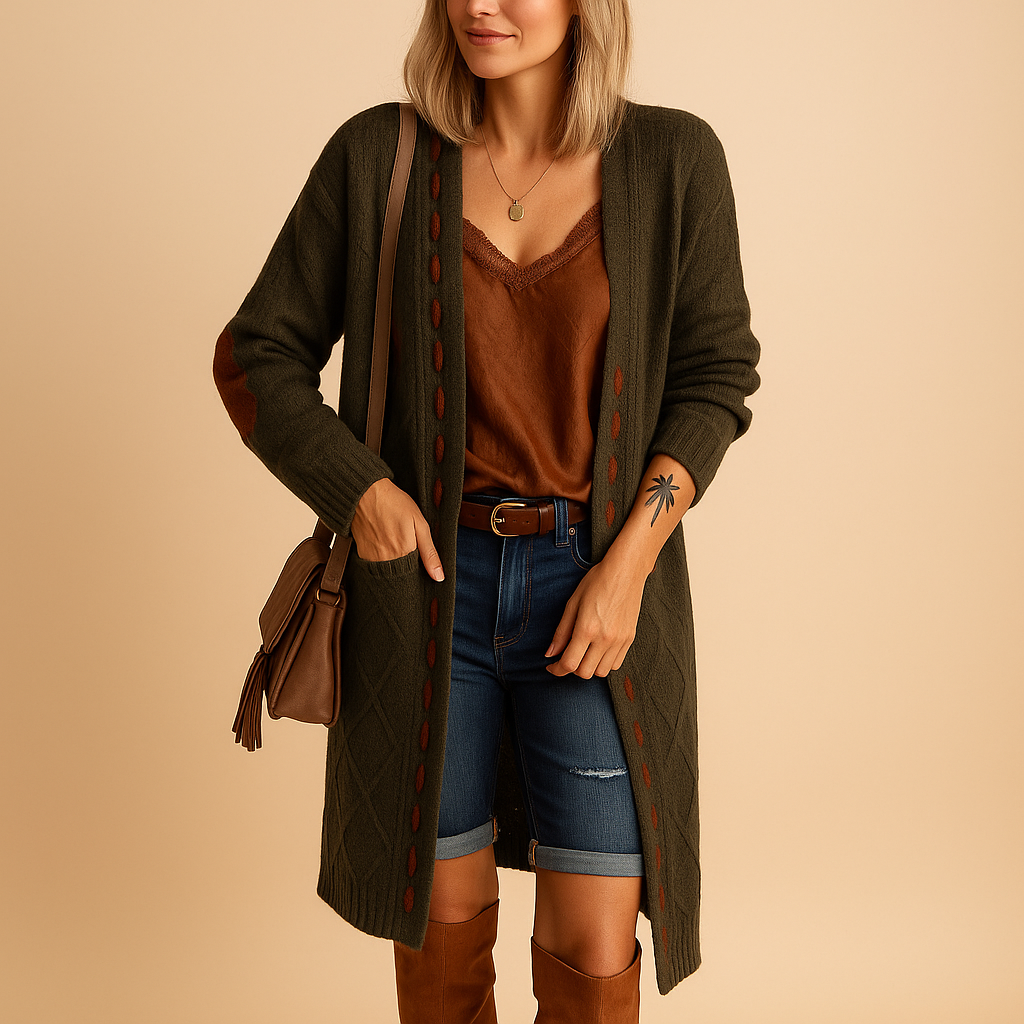 Women’s lightweight knitted cardigan with hood in neutral tones, perfect for layering on cool summer evenings or during transitional weather.