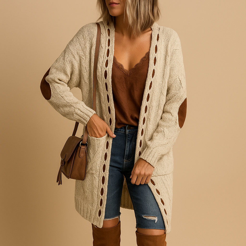 Women’s lightweight knitted cardigan with hood in neutral tones, perfect for layering on cool summer evenings or during transitional weather.
