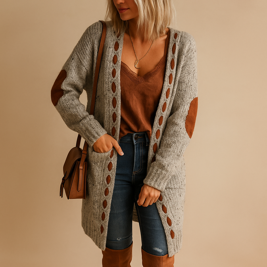 Women’s lightweight knitted cardigan with hood in neutral tones, perfect for layering on cool summer evenings or during transitional weather.