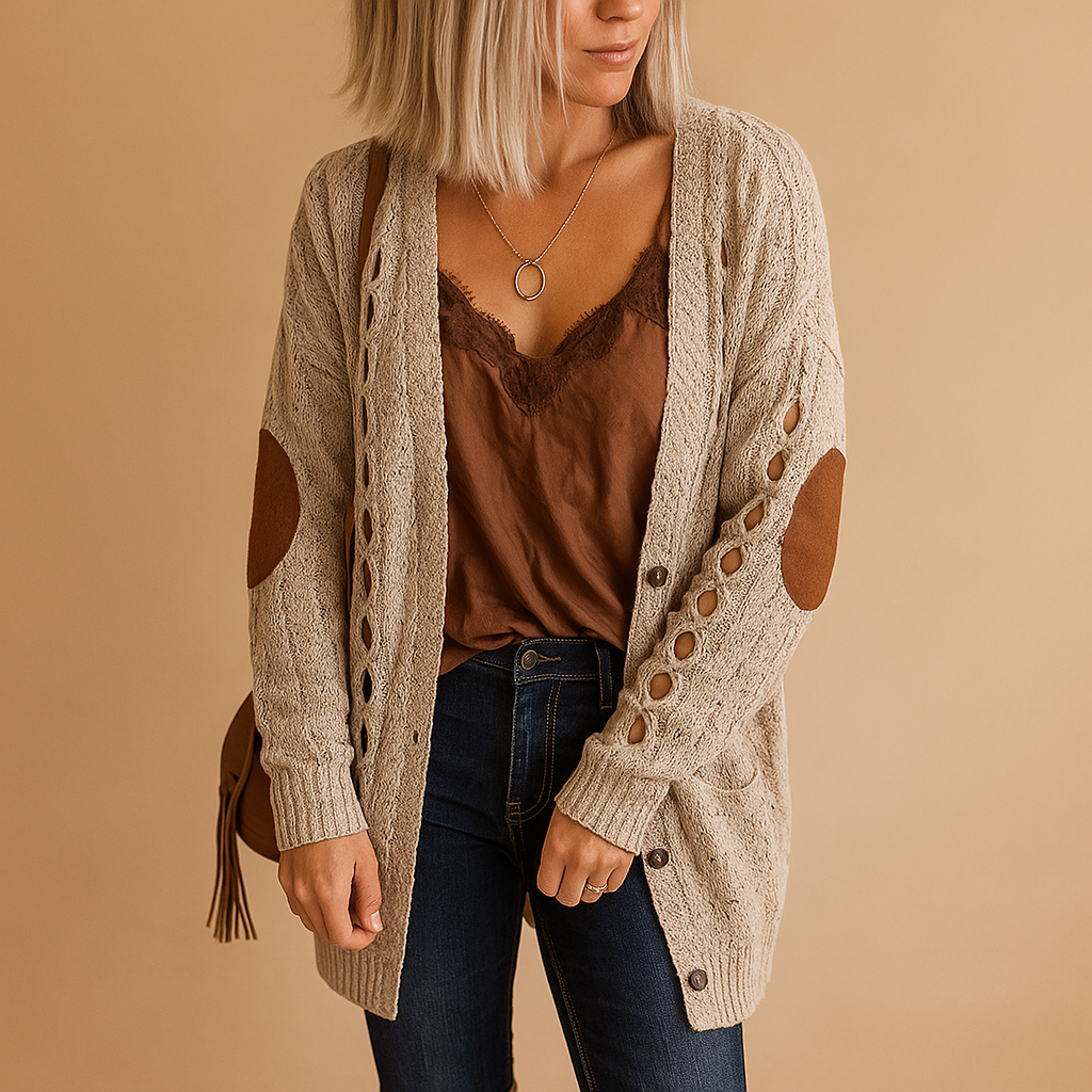 Women’s lightweight knitted cardigan with hood in neutral tones, perfect for layering on cool summer evenings or during transitional weather.