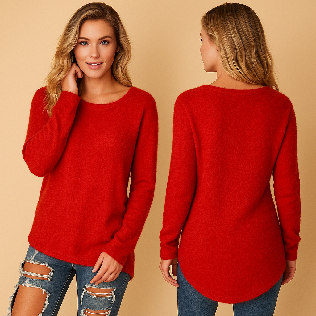 Women’s lightweight knitted sweater with round neck in breathable cotton blend, relaxed fit, and long sleeves, ideal for layering in spring, summer, or autumn.