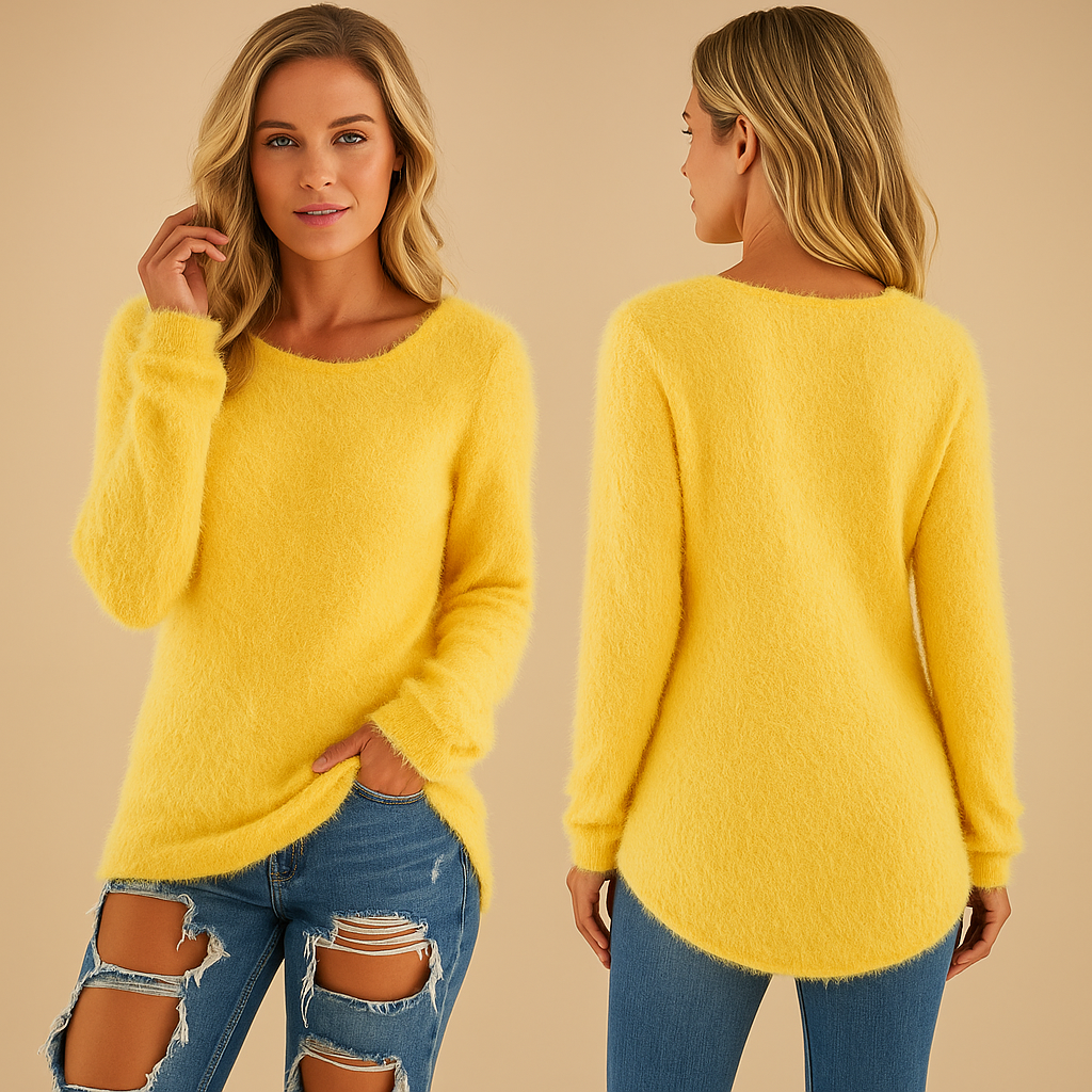 Women’s lightweight knitted sweater with round neck in breathable cotton blend, relaxed fit, and long sleeves, ideal for layering in spring, summer, or autumn.