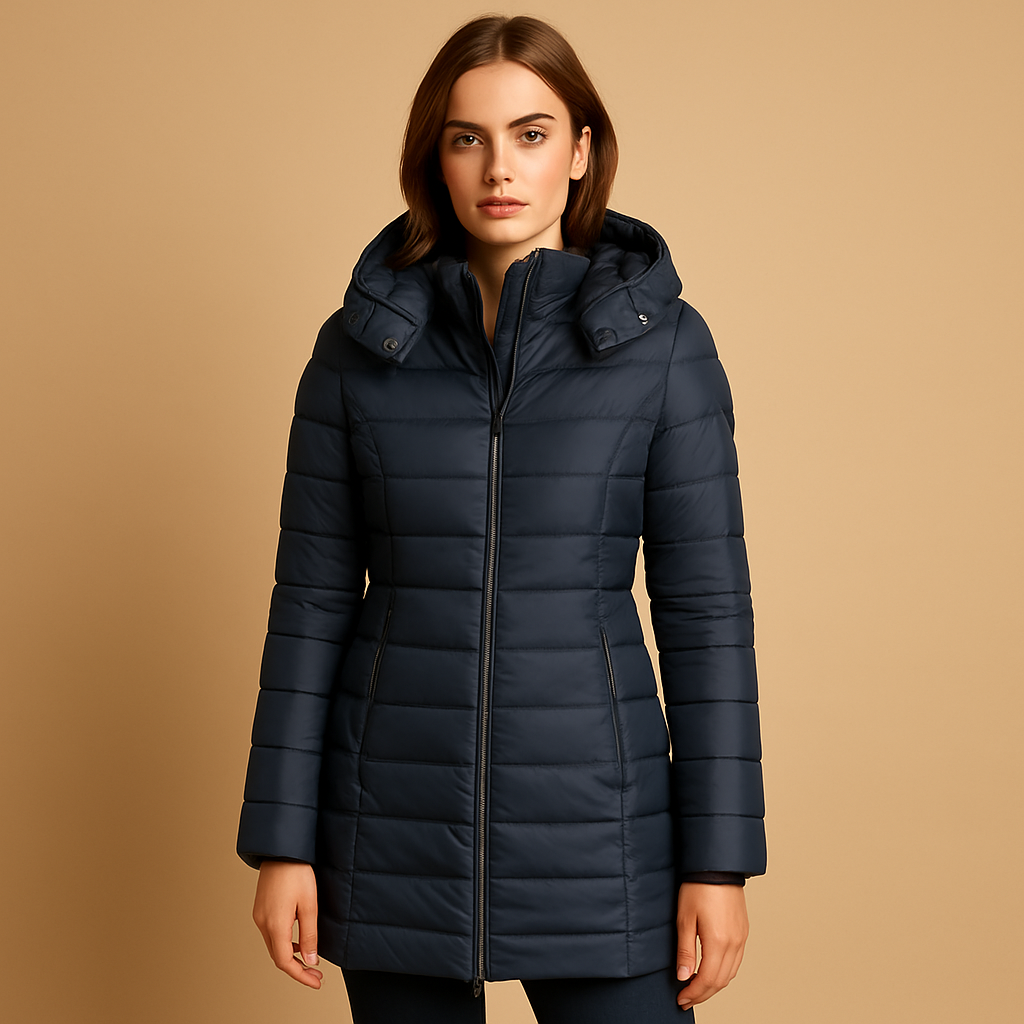 Lightweight padded puffer jacket for women with sustainable natural filling, quilted design, and vibrant colors. Perfect for work, leisure, and city strolls.