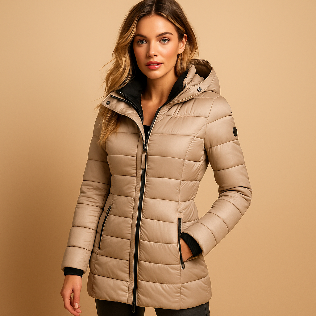 Lightweight padded puffer jacket for women with sustainable natural filling, quilted design, and vibrant colors. Perfect for work, leisure, and city strolls.