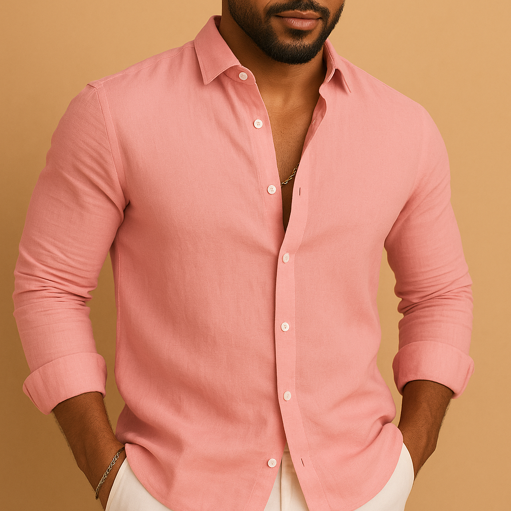 Lightweight relaxed fit shirt for men in green, white, blue, black, and pink with breathable fabric, ideal for summer workdays, weekends, and casual wear.