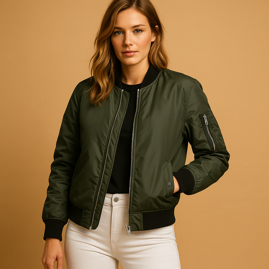 Lightweight summer bomber jacket for women with zipper and side pockets, perfect for casual or chic warm-weather outfits.