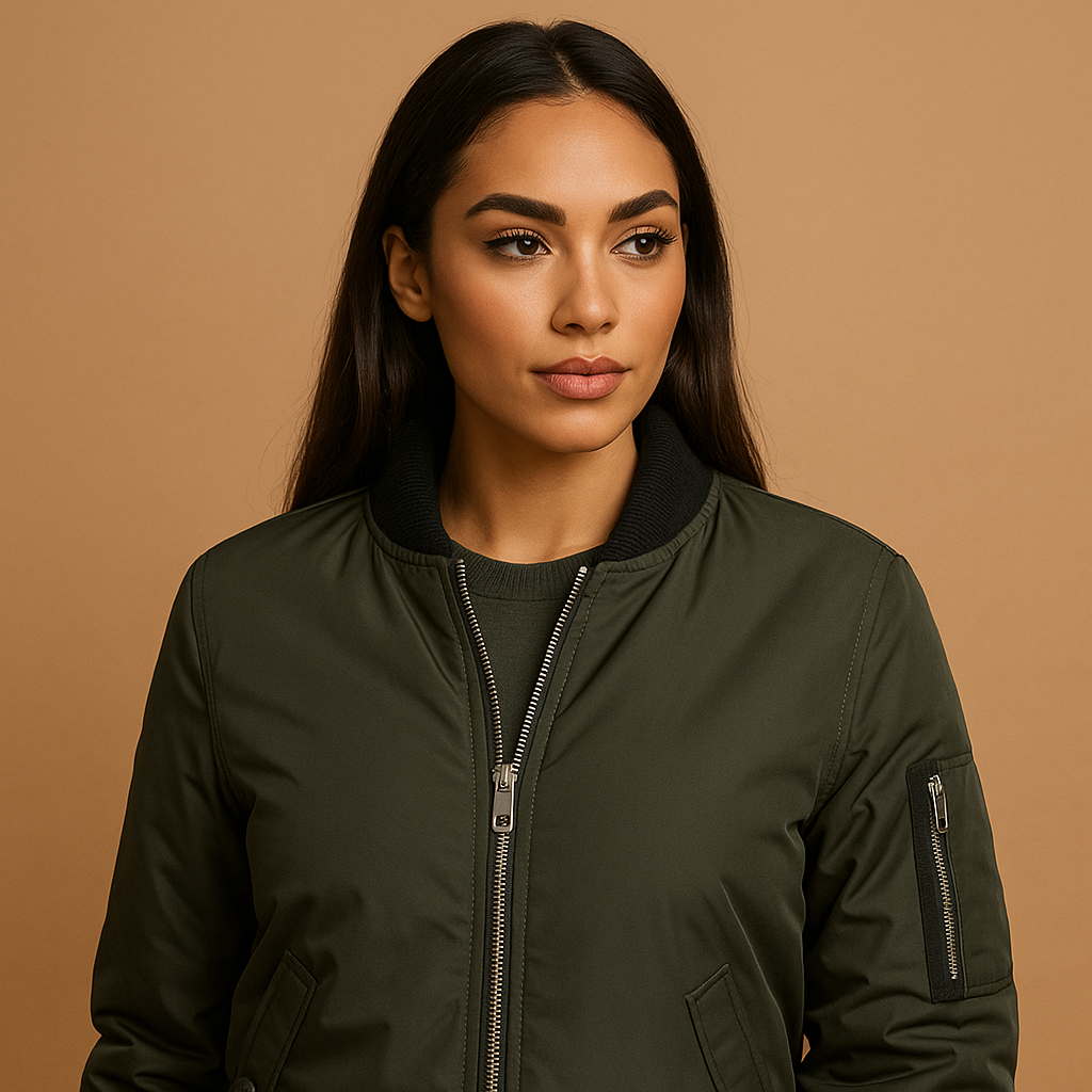 Lightweight summer bomber jacket for women with zipper and side pockets, perfect for casual or chic warm-weather outfits.
