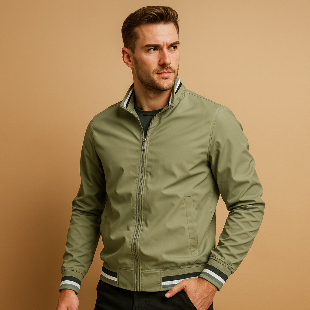 Men’s lightweight summer jacket with zipper closure and breathable design, stylish and comfortable for warm days and casual wear.