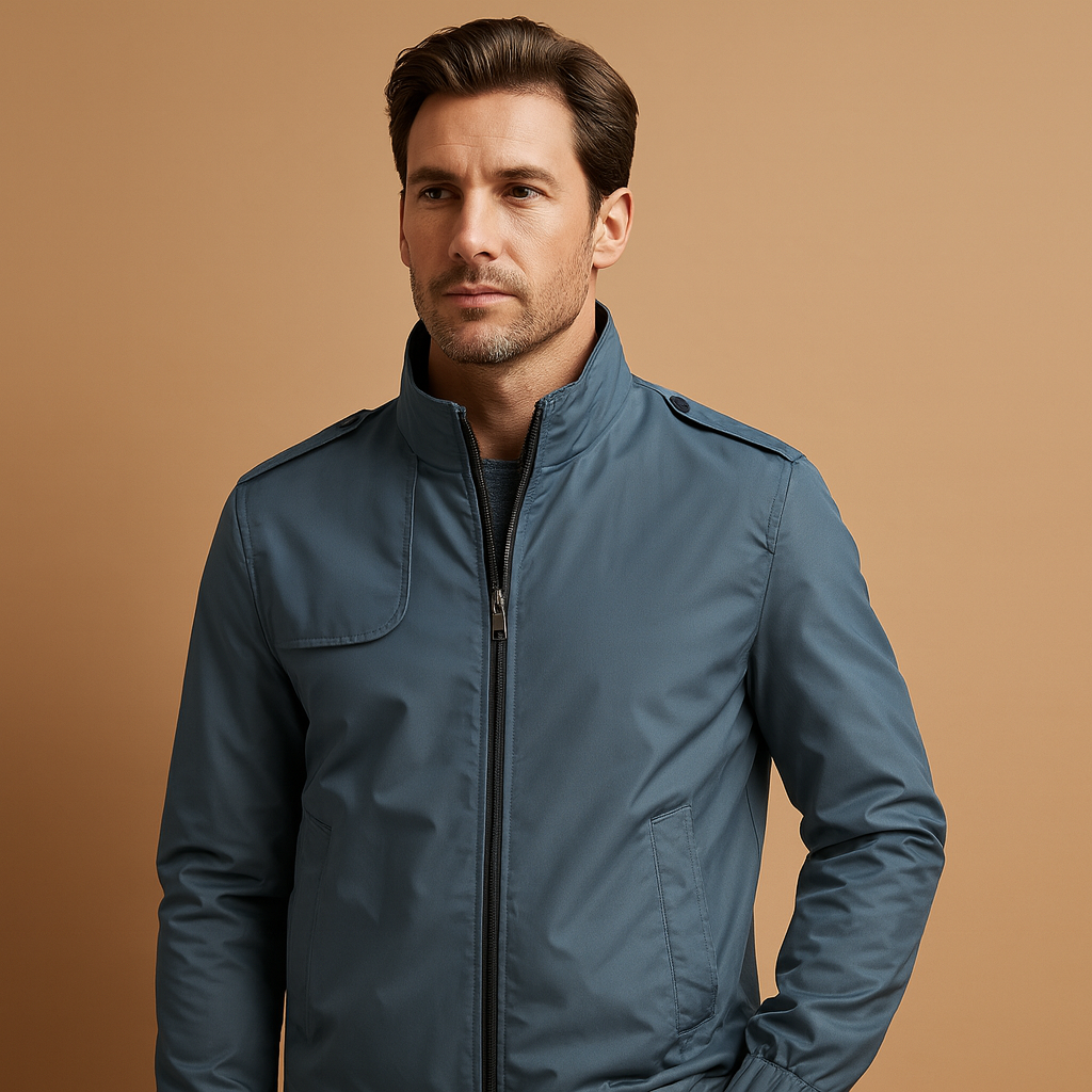 Men’s lightweight summer jacket with stand-up collar and modern design, perfect for casual and formal wear during warm days.