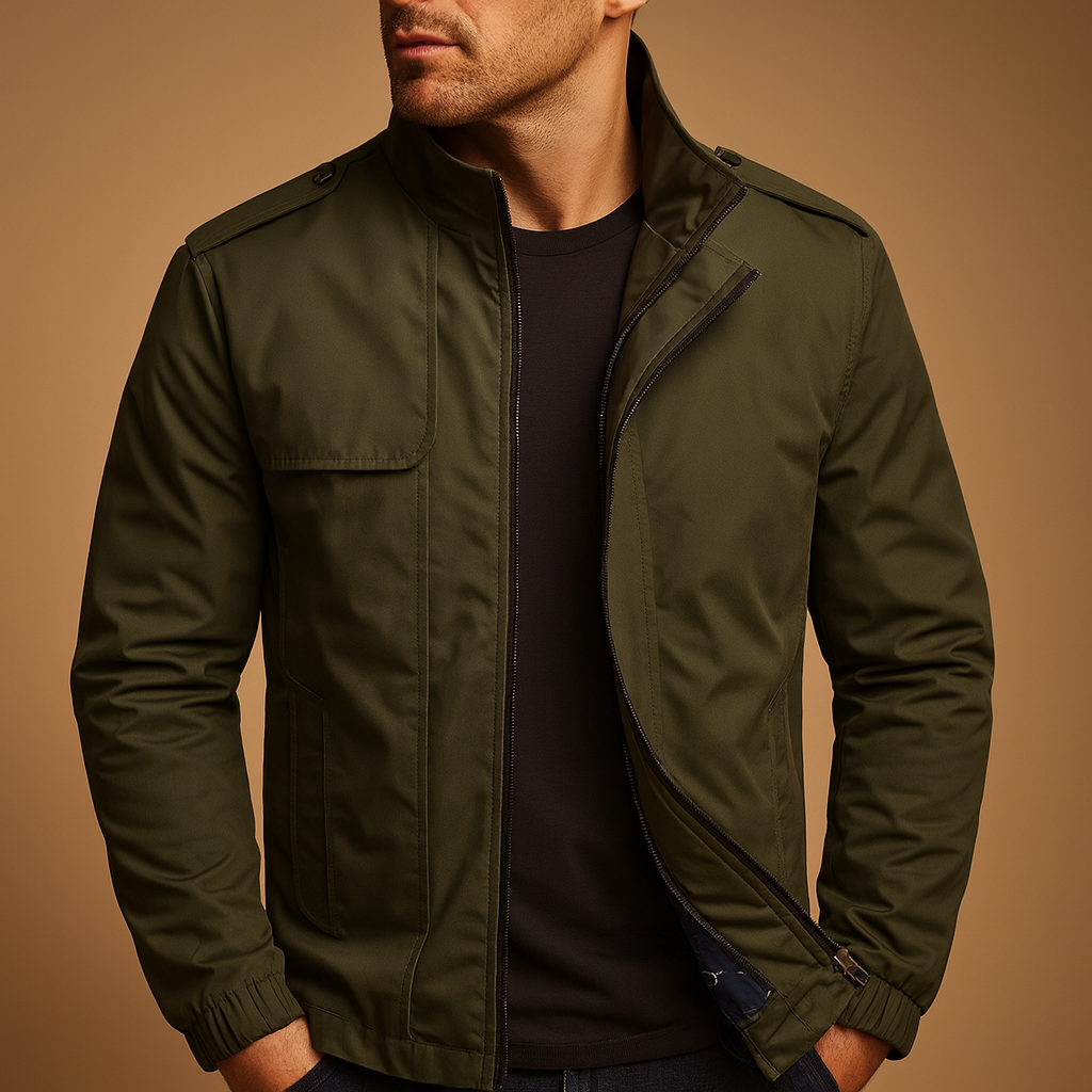 Men’s lightweight summer jacket with stand-up collar and modern design, perfect for casual and formal wear during warm days.