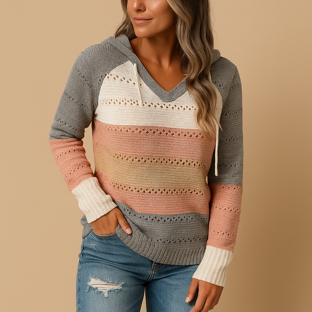 Women’s lightweight V-neck knitted sweater with breathable open-knit detail, relaxed fit, and soft fabric, perfect for spring, summer, or autumn wear.