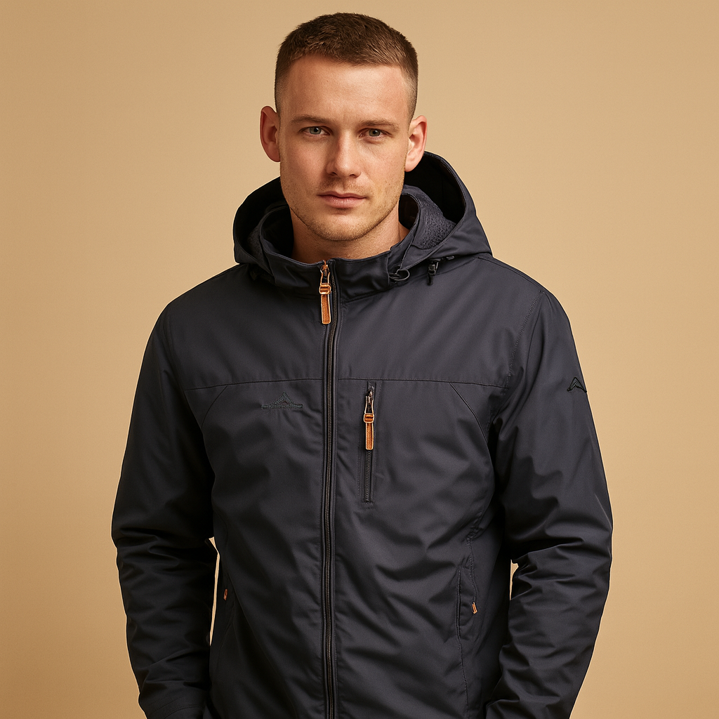 Men’s lightweight waterproof rain jacket with adjustable hood, breathable and wind-resistant, perfect for outdoor activities and everyday wear.