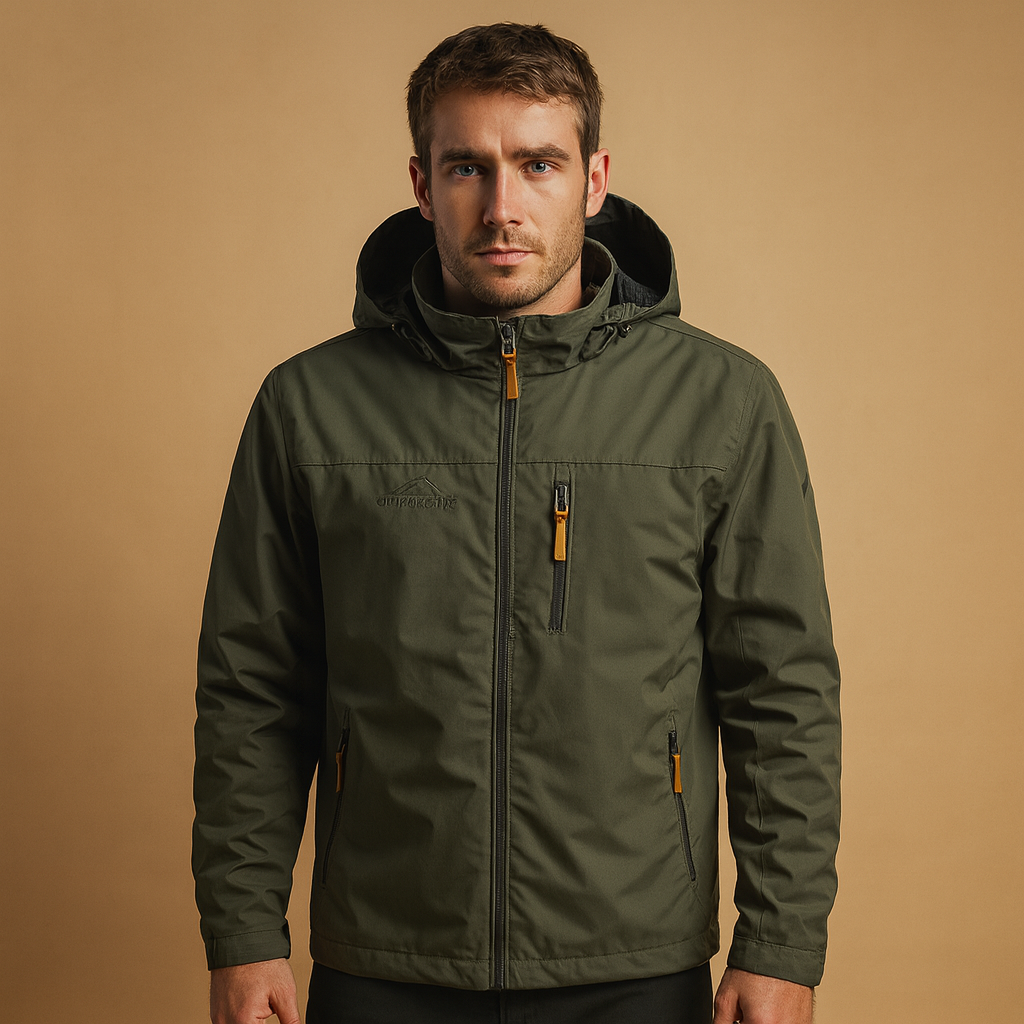 Men’s lightweight waterproof rain jacket with adjustable hood, breathable and wind-resistant, perfect for outdoor activities and everyday wear.