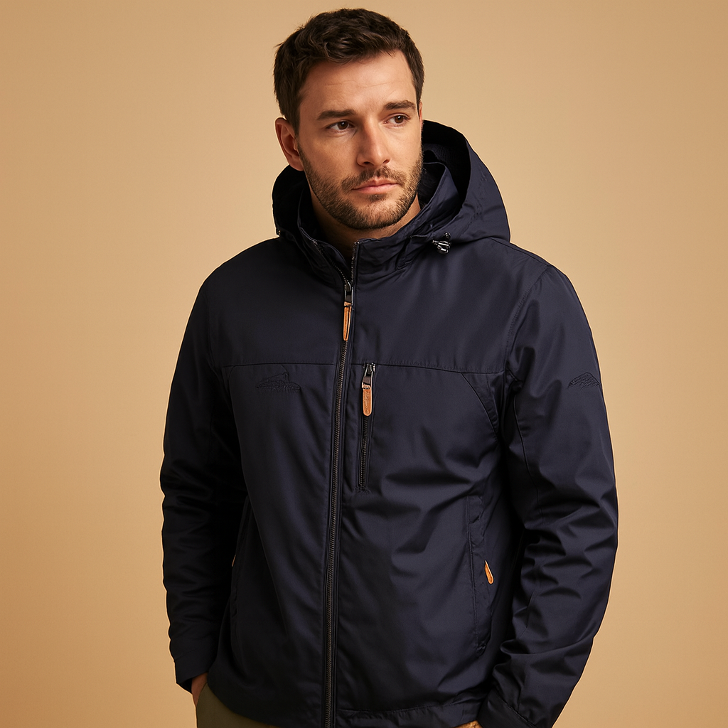 Men’s lightweight waterproof rain jacket with adjustable hood, breathable and wind-resistant, perfect for outdoor activities and everyday wear.