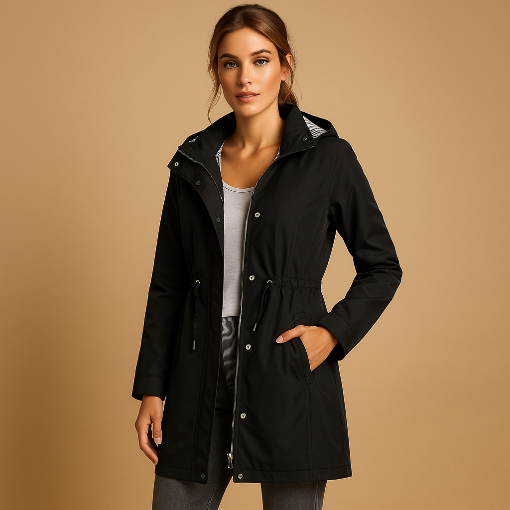 Lightweight windbreaker jacket for women with adjustable waist, detachable hood, and water-repellent design for everyday wear.