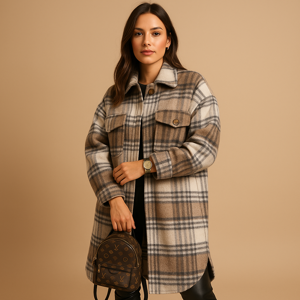 Women’s long checkered coat in brown, light khaki, or green. Tailored fit with classic lapel and button closure, made with soft wool-look fabric.