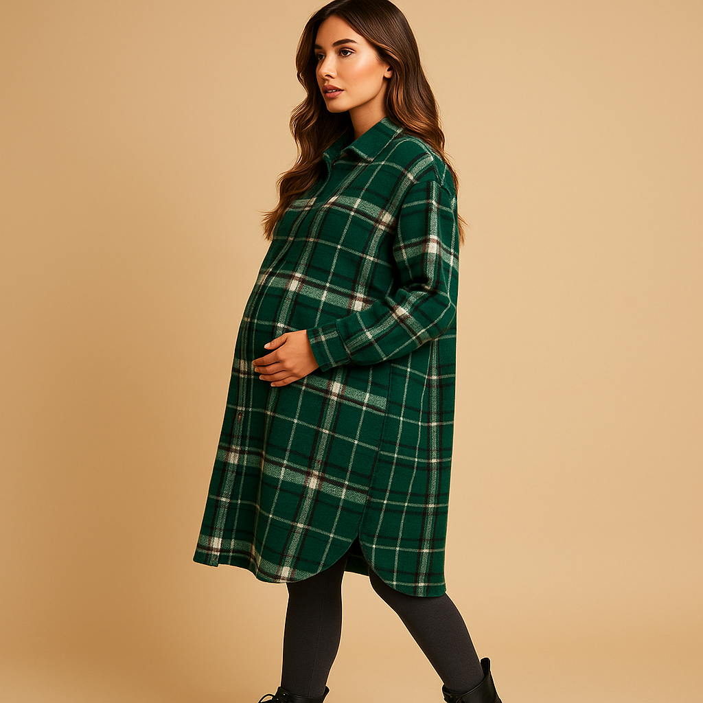 Women’s long checkered coat in brown, light khaki, or green. Tailored fit with classic lapel and button closure, made with soft wool-look fabric.