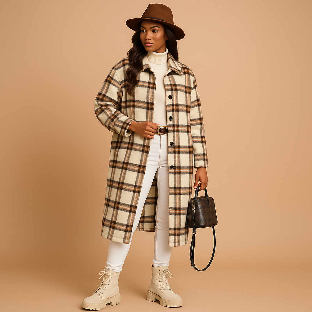 Women’s long checkered coat in brown, light khaki, or green. Tailored fit with classic lapel and button closure, made with soft wool-look fabric.