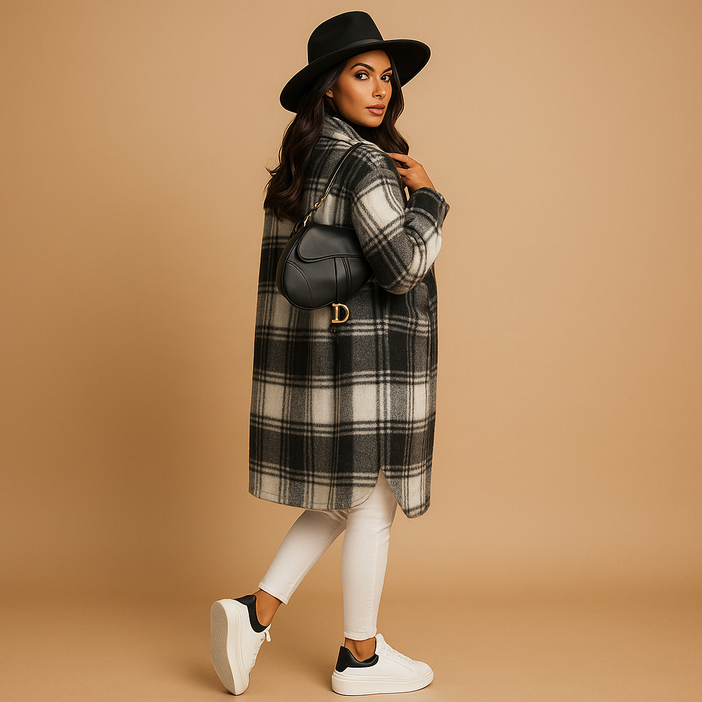 Women’s long checkered coat in brown, light khaki, or green. Tailored fit with classic lapel and button closure, made with soft wool-look fabric.