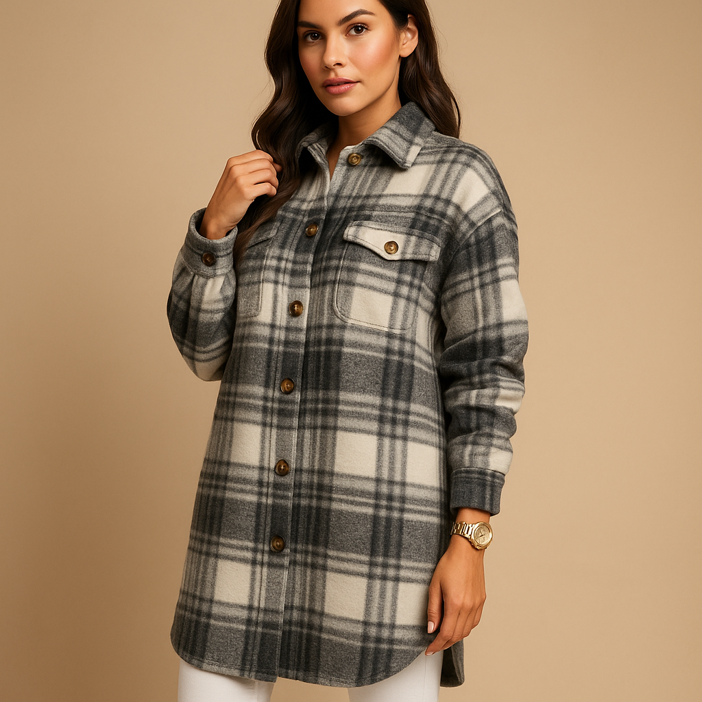 Women’s long checkered coat in brown, light khaki, or green. Tailored fit with classic lapel and button closure, made with soft wool-look fabric.