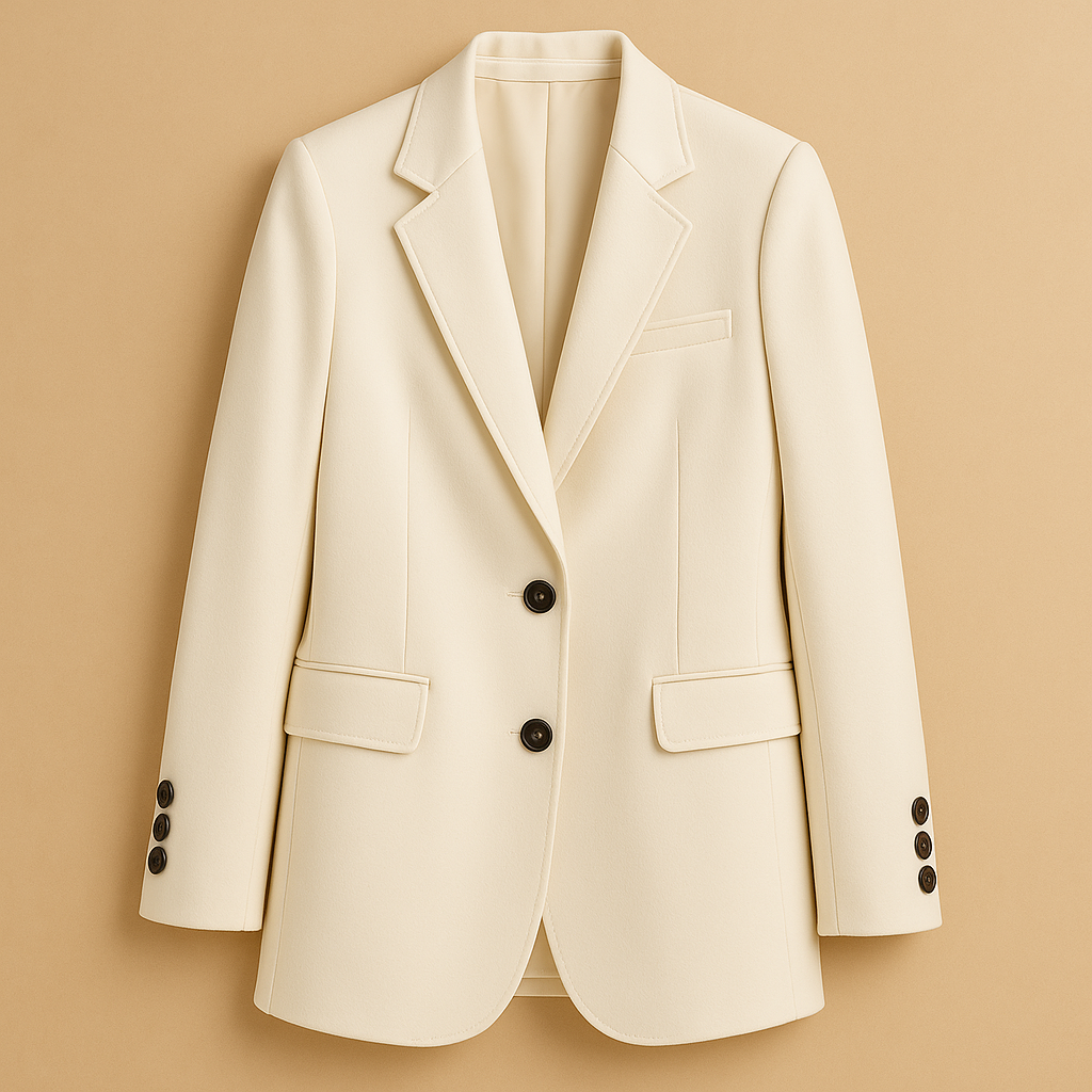 Long elegant blazer for women in classic neutral tones, featuring a timeless silhouette and comfortable fit for both formal and casual outfits.