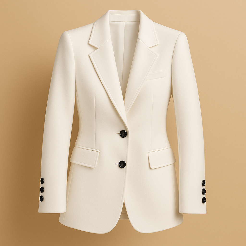 Long elegant blazer for women in classic neutral tones, featuring a timeless silhouette and comfortable fit for both formal and casual outfits.