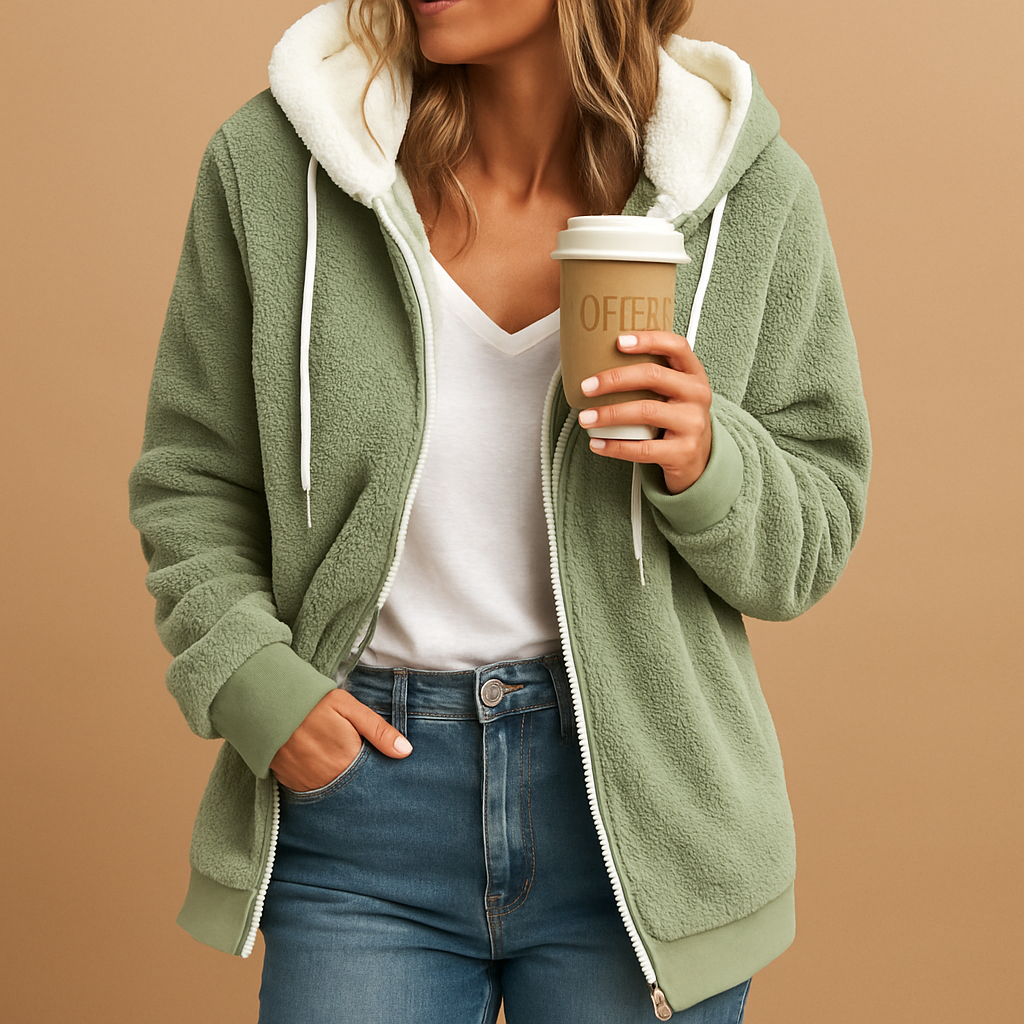 Women’s long fleece cardigan with hood, oversized relaxed fit, soft and breathable fabric, perfect for autumn layering or cozy indoor lounging.