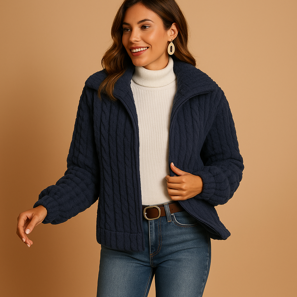Women’s long fleece jacket with stand collar, soft fabric, side pockets, and timeless design, ideal for casual wear or layered winter outfits.
