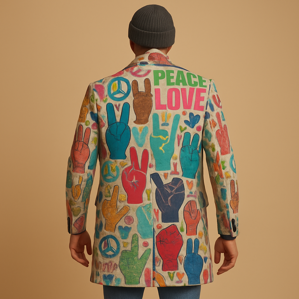 Men’s long graphic coat with modern pattern and tailored fit, ideal for all seasons and elegant everyday wear.