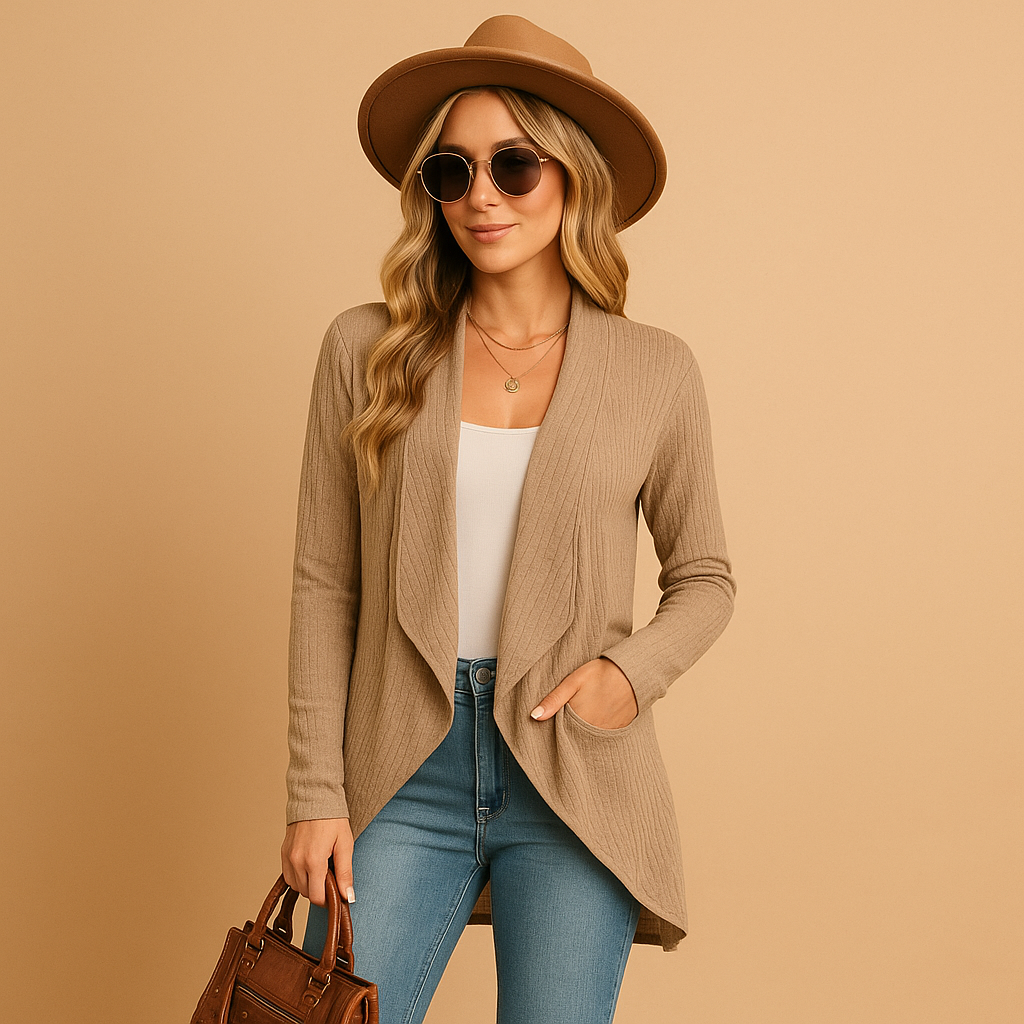 Women’s long knitted cardigan with soft texture and relaxed fit. Elegant layering piece in solid colors, ideal for work, casual outfits, and seasonal wear.