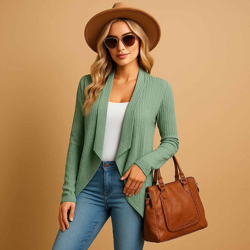 Women’s long knitted cardigan with soft texture and relaxed fit. Elegant layering piece in solid colors, ideal for work, casual outfits, and seasonal wear.