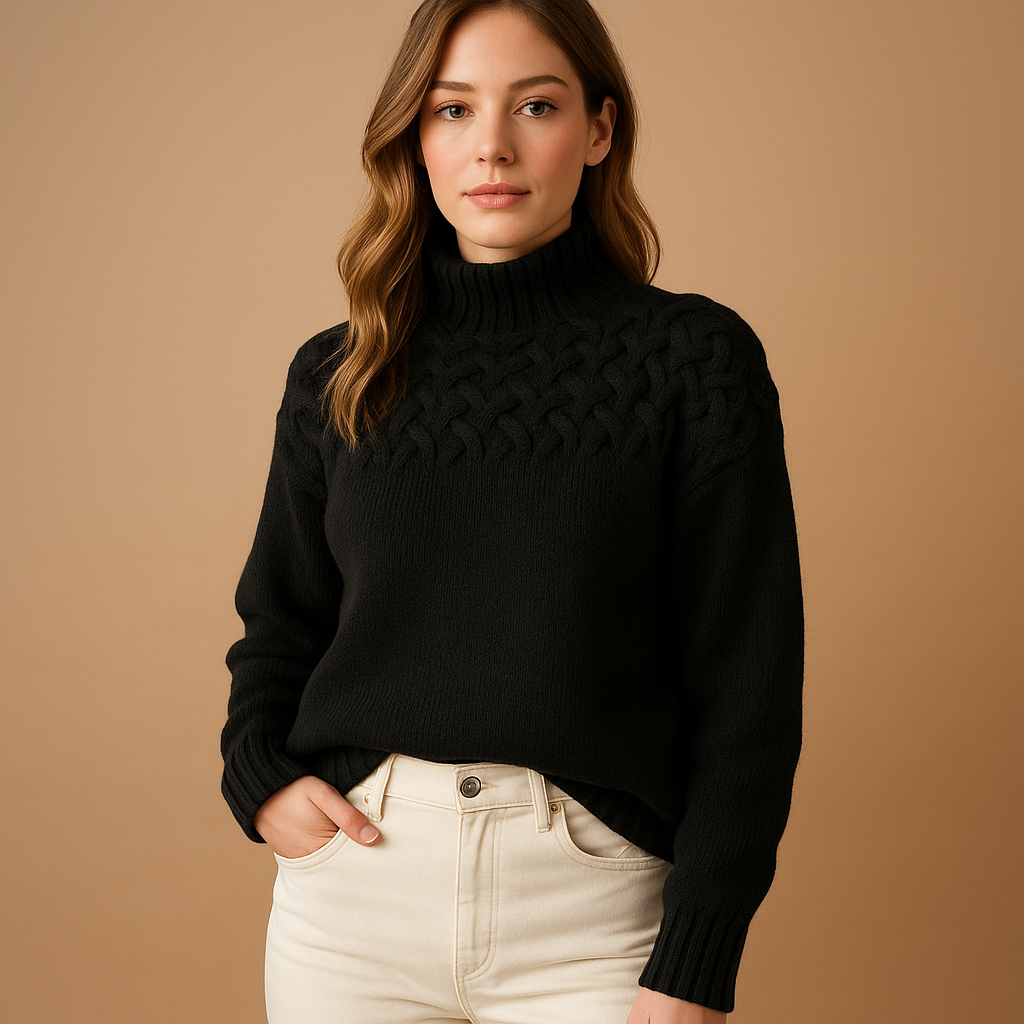 Women’s long knitted turtleneck sweater with flattering fit and soft cozy design, perfect for casual or elegant autumn and winter outfits.